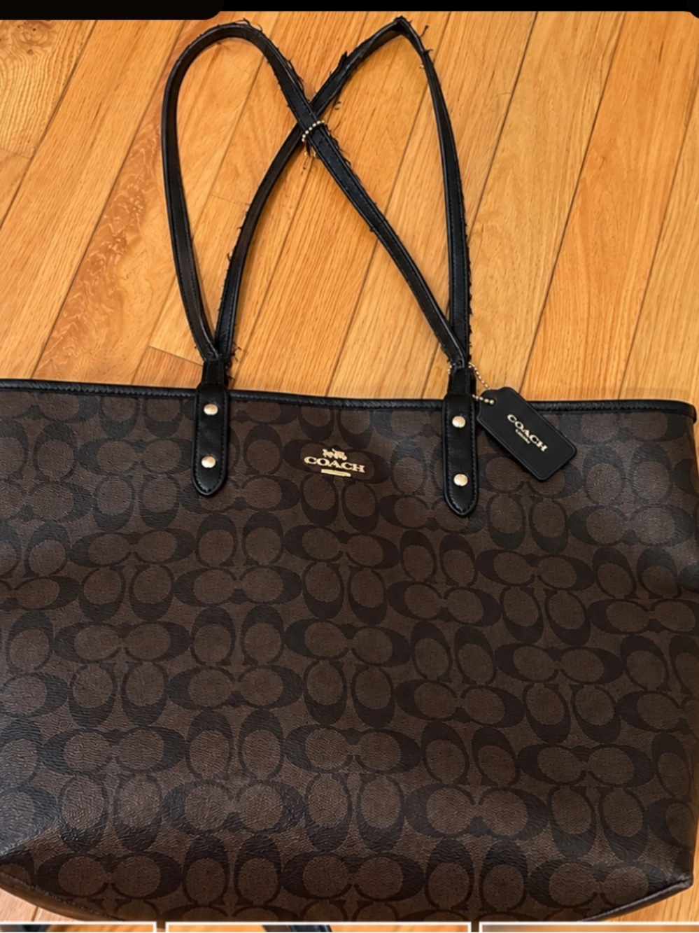 Coach Reversible Black and Brown Signature Canvas Tote with Black Trim